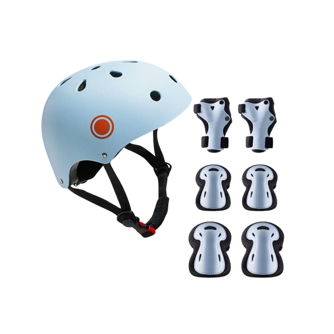 PACK DE SEGURIDAD CASCO + PROTECTOR DE MANOS RODILLAS Y CODOS CELESTE