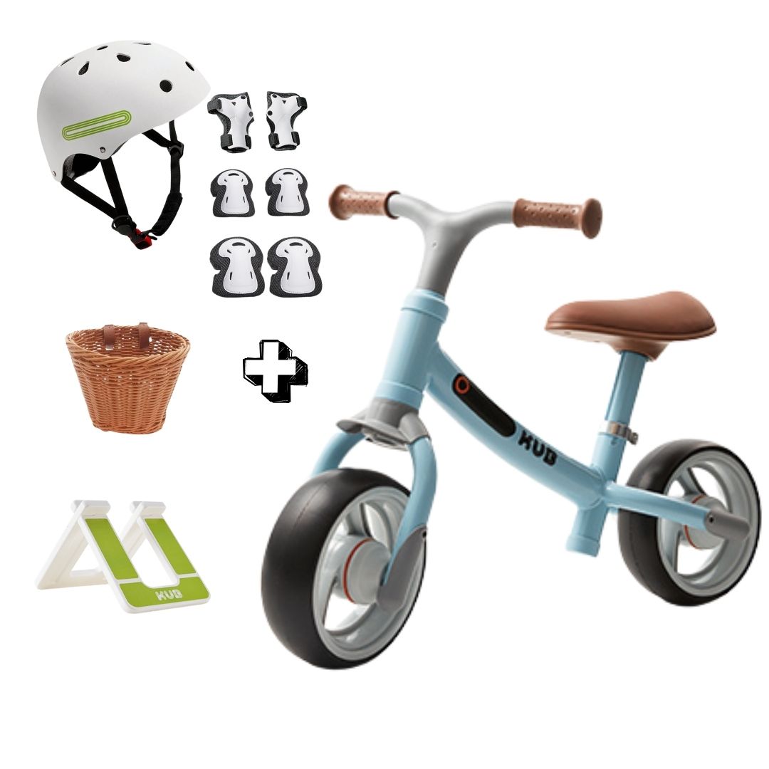 BICICLETA DE BALANCE - BIRDIE FLIGHT CELESTE + PACK DE SEGURIDAD BLANCO + STOPPER + CANASTILLA